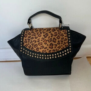 Suite Blanco Leopard Studded Cross Body Top handle Black Messenger Bag Purse NWT